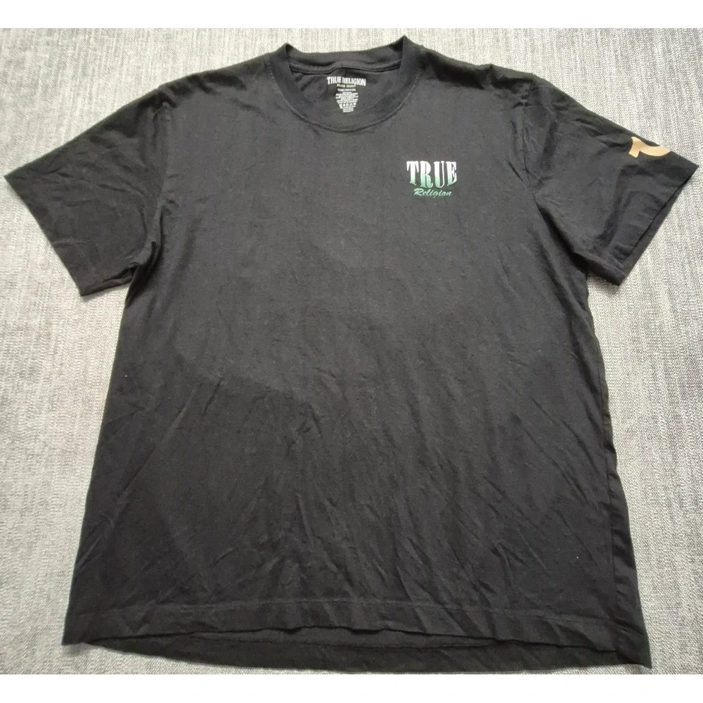NWOT True Religion Black Big Buddha Guitar Graphic T-Shirt 2X Cotton 2-sided